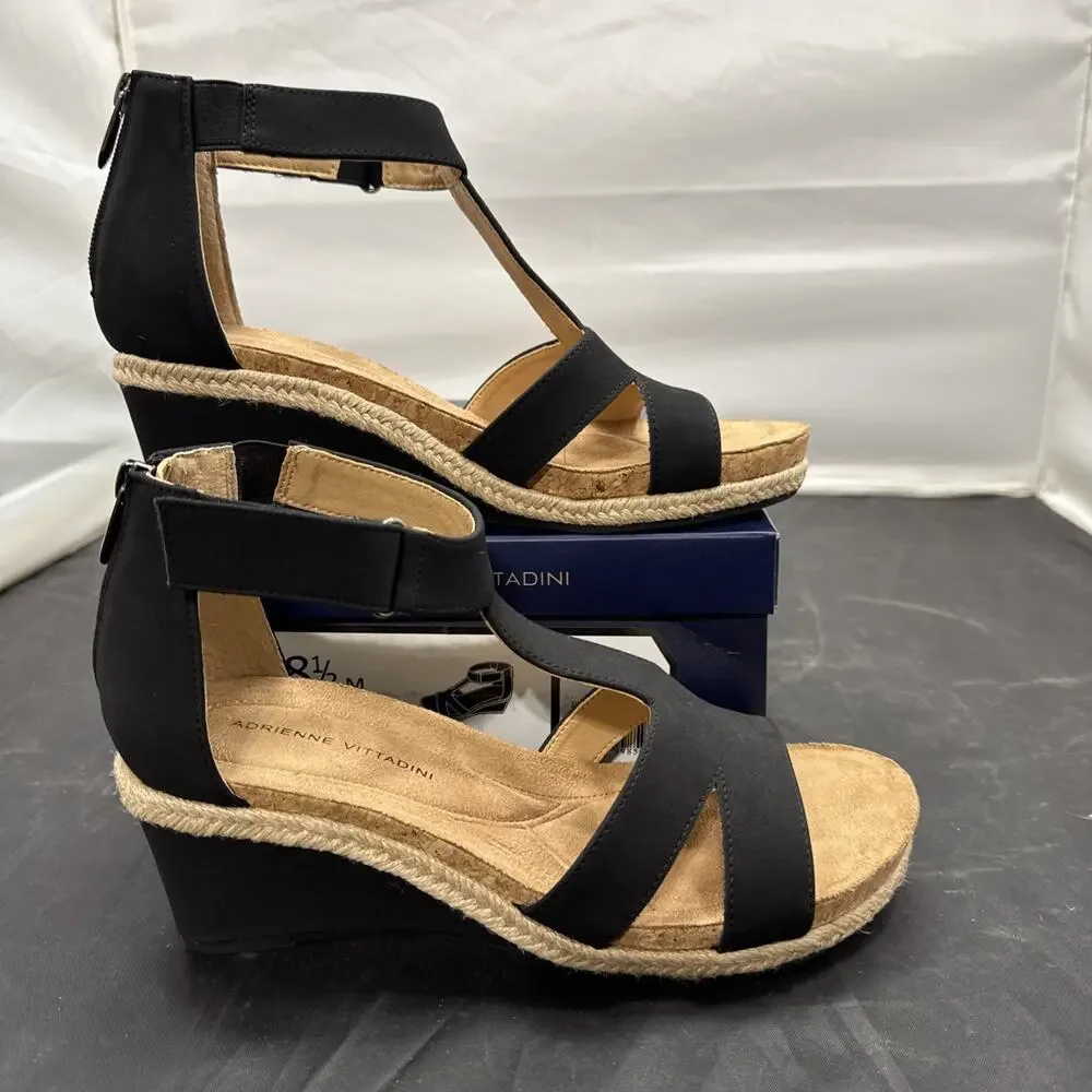 ADRIENNE VITTADINI TRIVIA Wedge Sandals Black Ankle Strap Women's Size 8.5 New